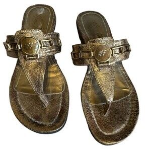 Marc Fisher Gold Glitter Strap Wedge Heel Sandals Women's Size 7.5M Logo Thong